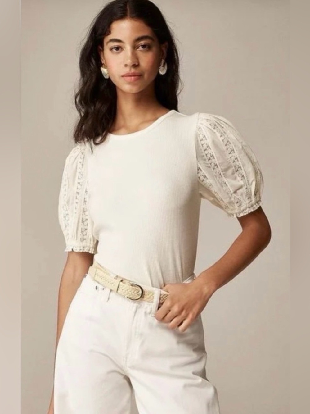 J. Crew Vintage Rib Top with Lace Puff Sleeves in Natural